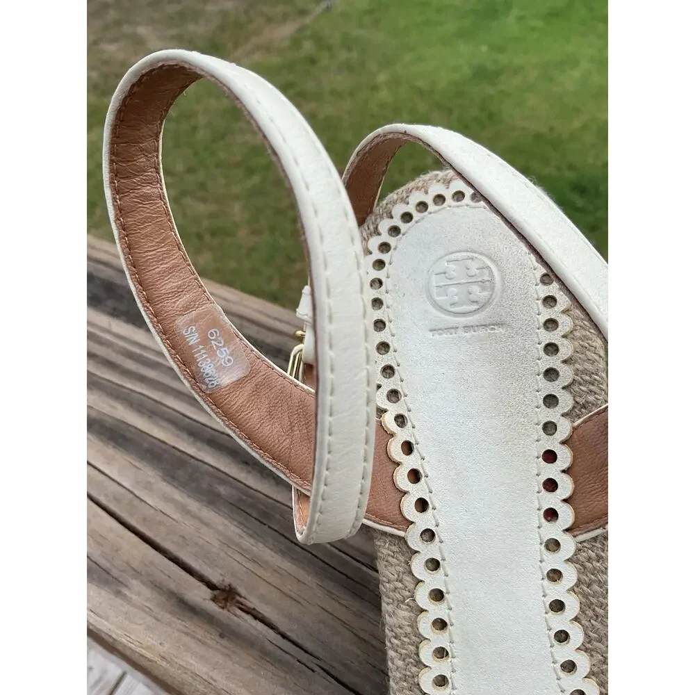 Tory Burch Women 8.5 Raffia Peep Toe Slingback Stiletto Heels Ivory Laser Cut